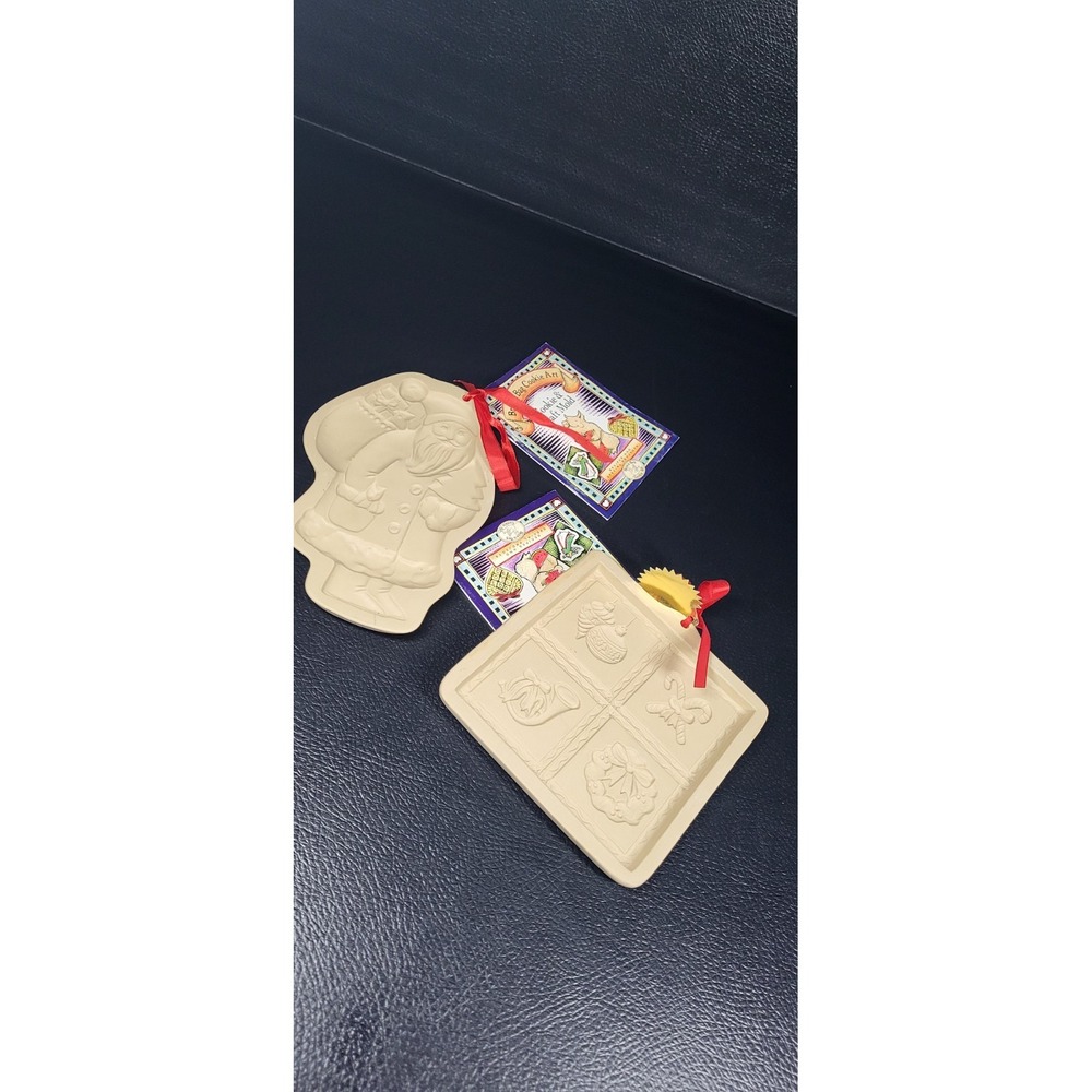 Vintage Brown Bag Cookie Art Molds Christmas Santa Stoneware 2pc Set